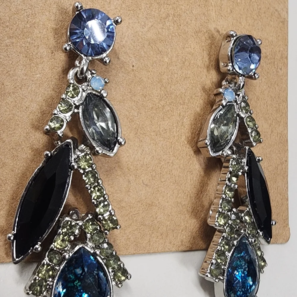 Rhinestine Drop Earrings Silver-tone Statement Prom Party Classy Blue Black Gray